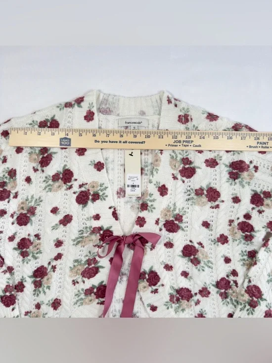 Francesca's Floral Ribbon Tie Cardigan Small Ivory Mauve Cottagecore NWT - Picture 10 of 15